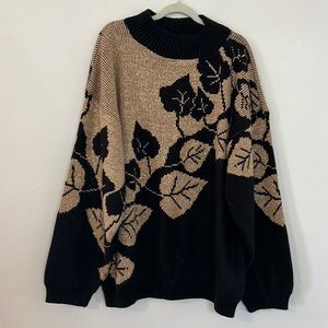Vintage Sparkly Sweater Black Gold Metallic Mock Neck Womens Small Unique Party
